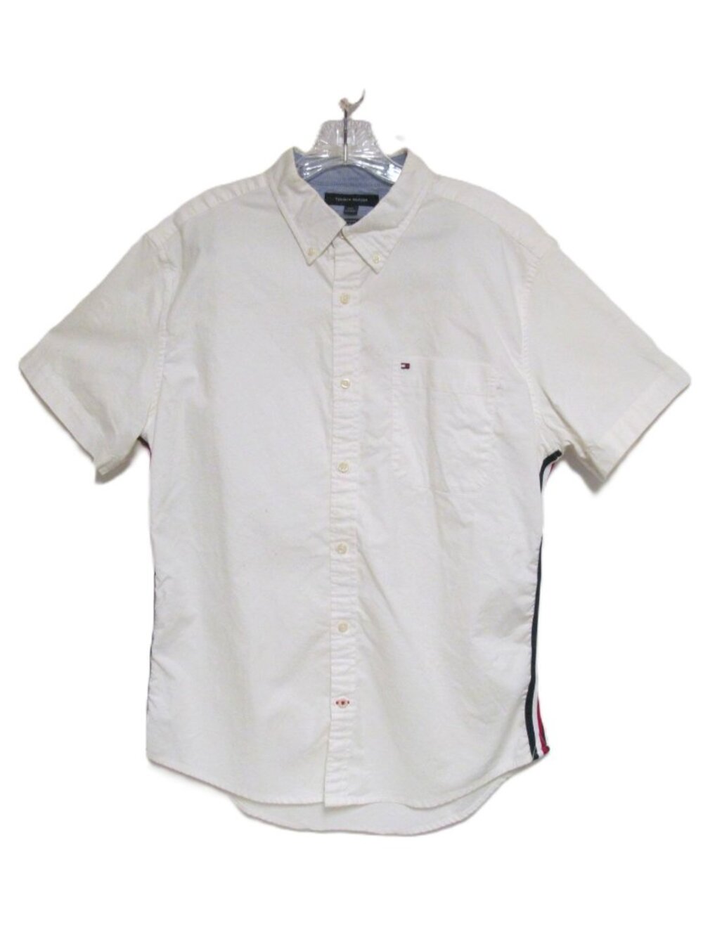 Mens Tommy Hilfiger Button Down Shirt LG White Red Navy Blue Stripe Short Sleeve